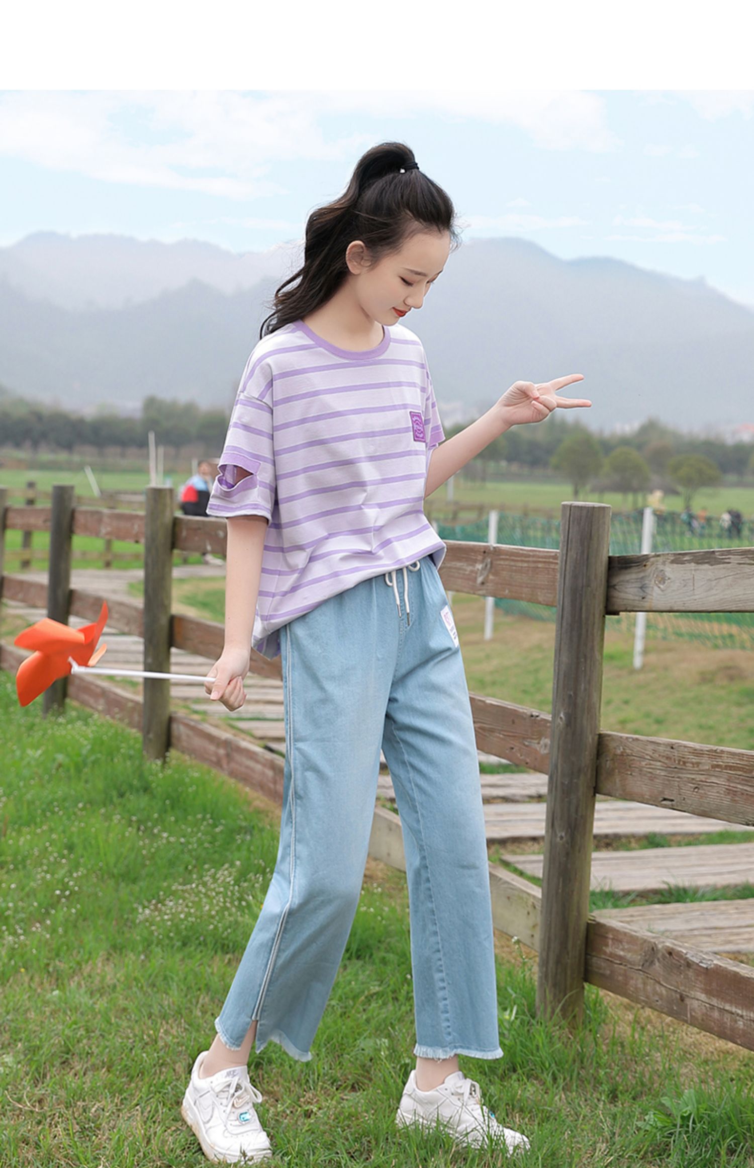 中学生初中生高中生夏天短袖套装女生衣服夏天条纹t恤时尚休闲女韩版