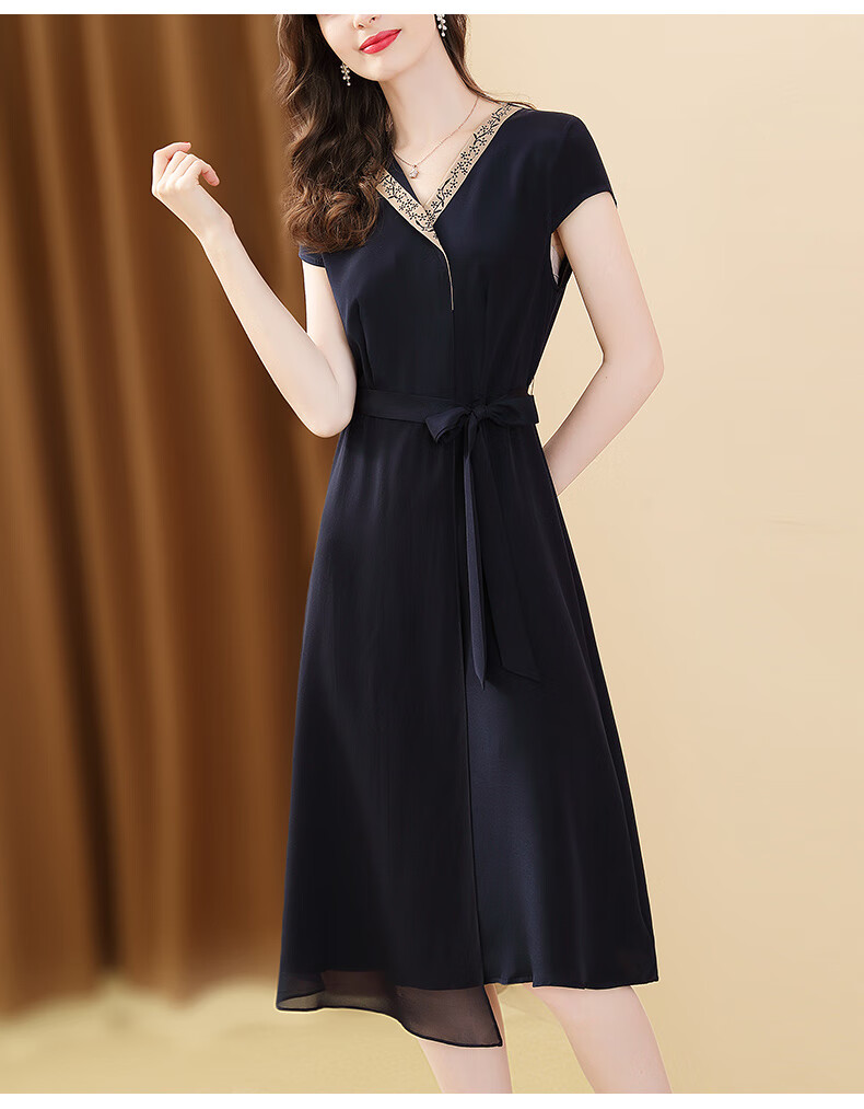 茗思重磅真丝连衣裙女2021夏季新款不规则修身绣花桑蚕丝a字裙子 藏青