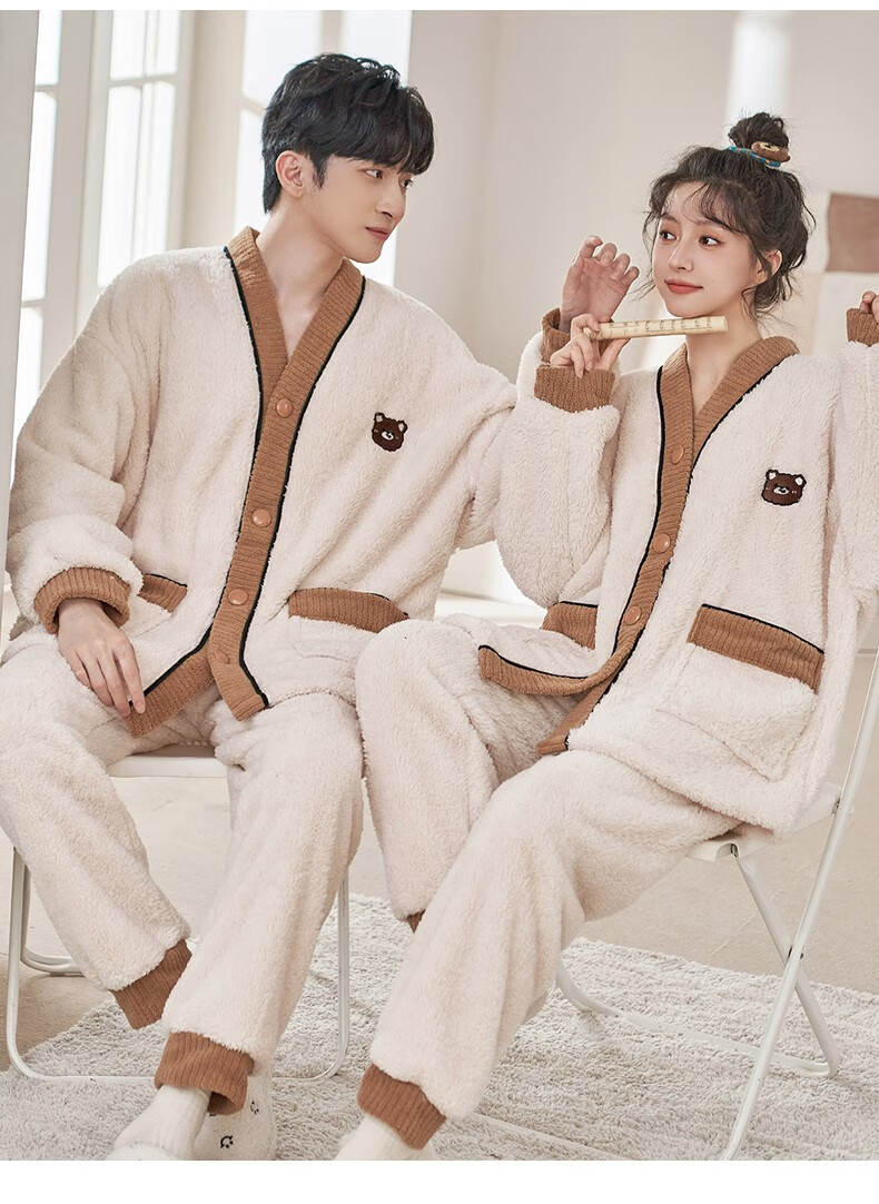 高档日式可爱小熊珊瑚绒情侣睡衣秋冬季加厚加绒卡通法兰绒男女家居服