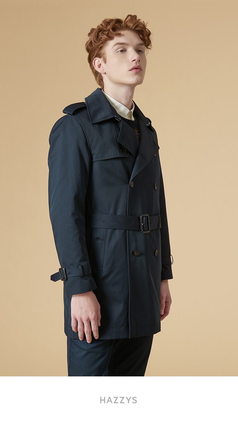 商场同款哈吉斯hazzys秋季新款男装外套双排扣翻领经典风衣男aswzh01