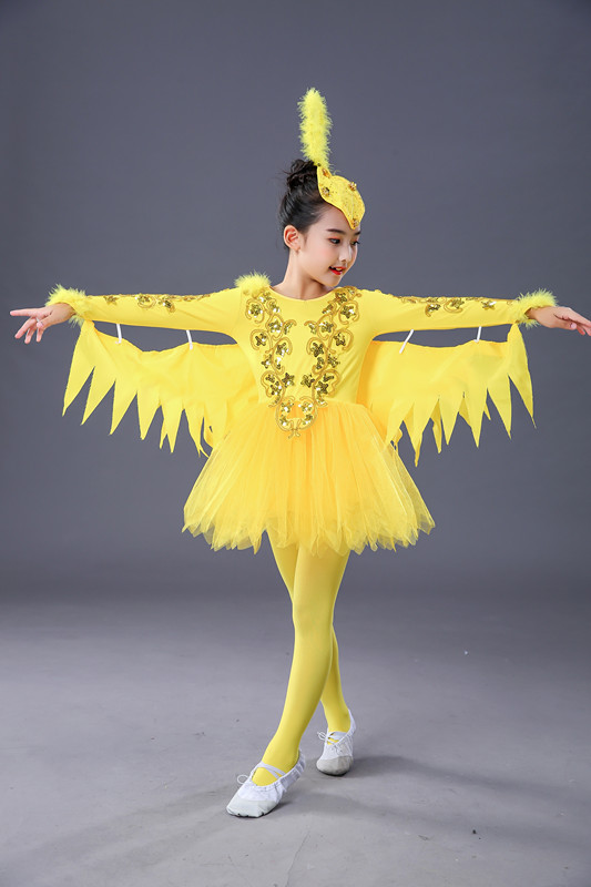 百灵鸟动物服女童白鸽小鸟演出表演舞蹈服饰 袜裤 黄色衣服 头饰 袜裤