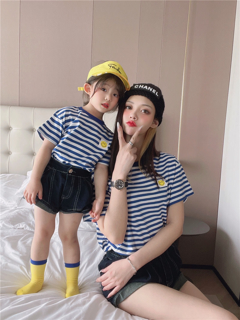 短袖亲子装t恤母女装母子装一家三口男童女童妈妈装条纹上衣怡品堂蓝