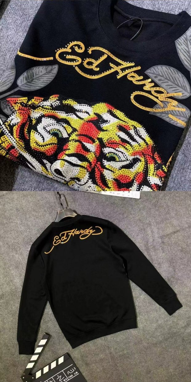 psax潮牌秋季潮牌埃德哈迪字母烫钻老虎头黑色圆领卫衣男女同款修身大
