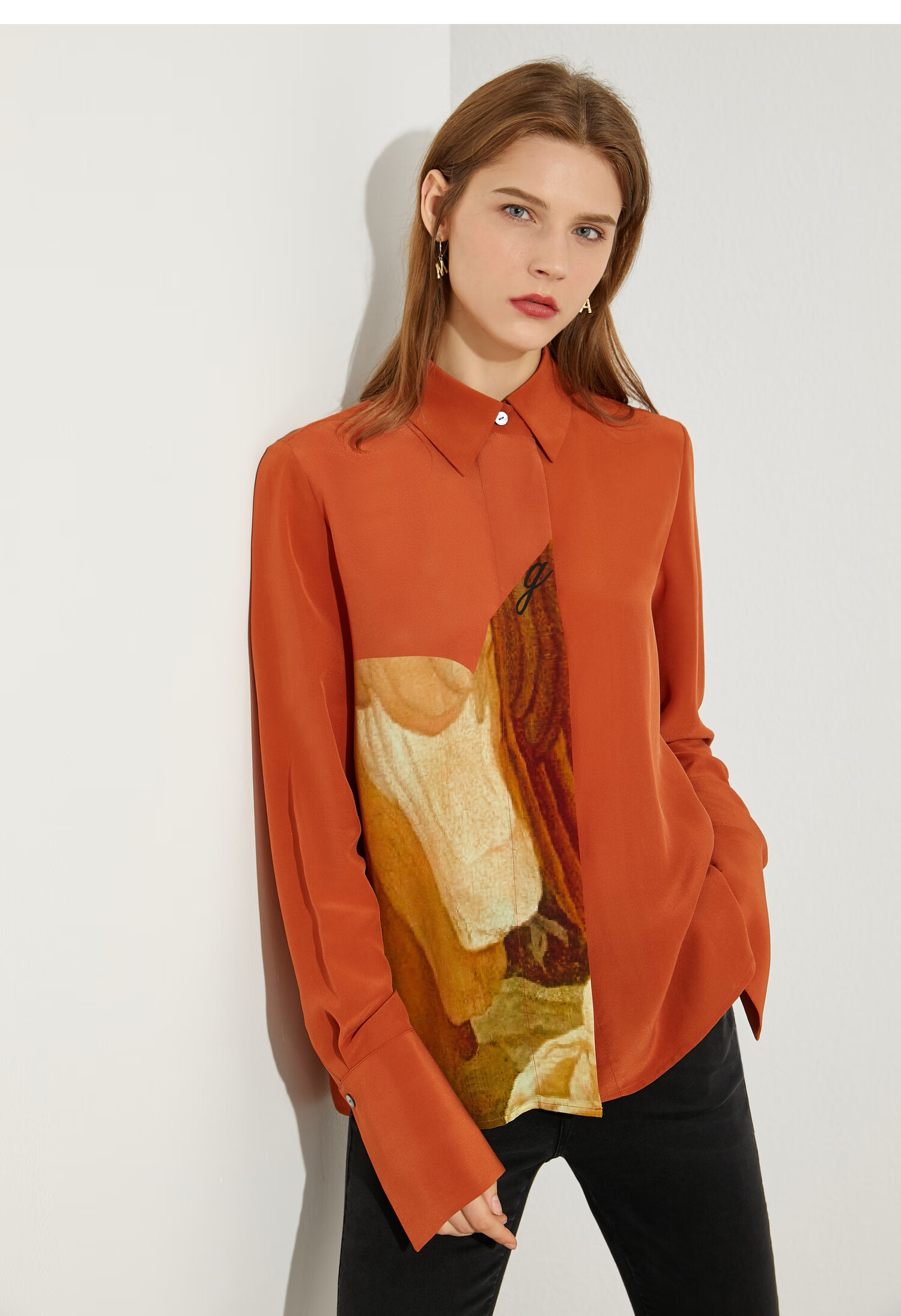 amii极简复古时髦真丝衬衫2020夏新款文艺复兴油画印花上衣女 焦糖 15