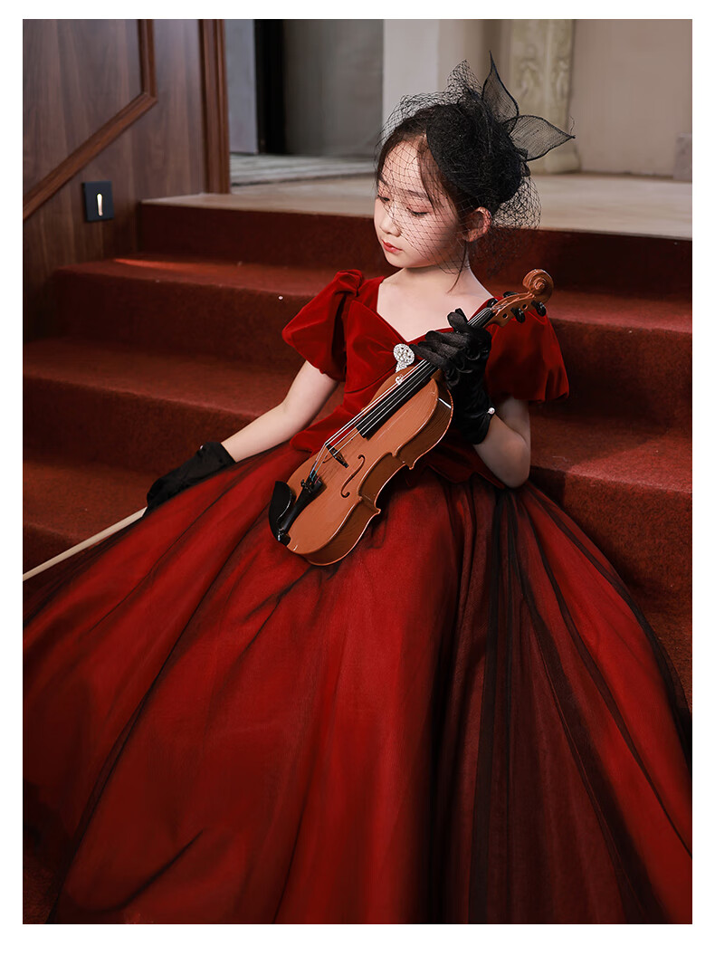女童小提琴礼服儿童红色公主裙高端气质小主持人钢琴演奏演出服 酒