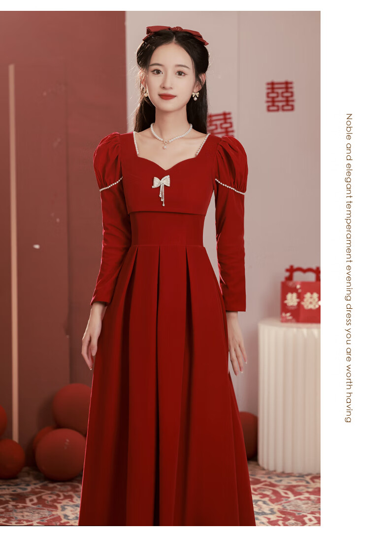 敬酒服新娘小个子冬季敬酒服新娘酒红色长袖秋季结婚订婚礼服小个子