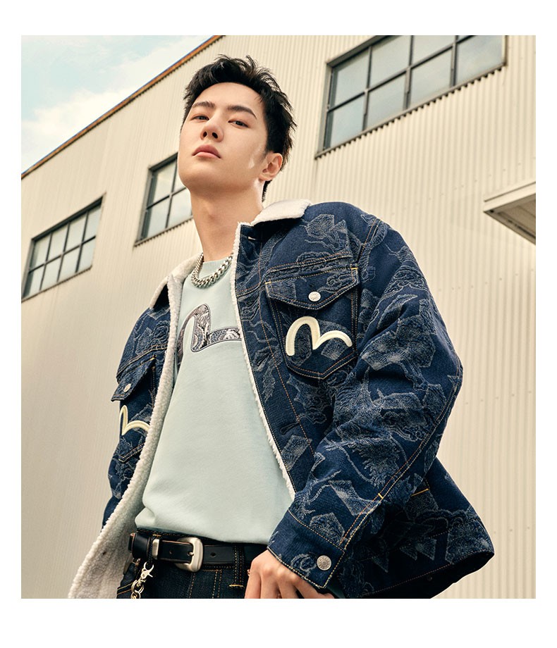 【王一博同款】evisu 21aw 男士海神提花羊羔领牛仔夹克 牛仔蓝 s