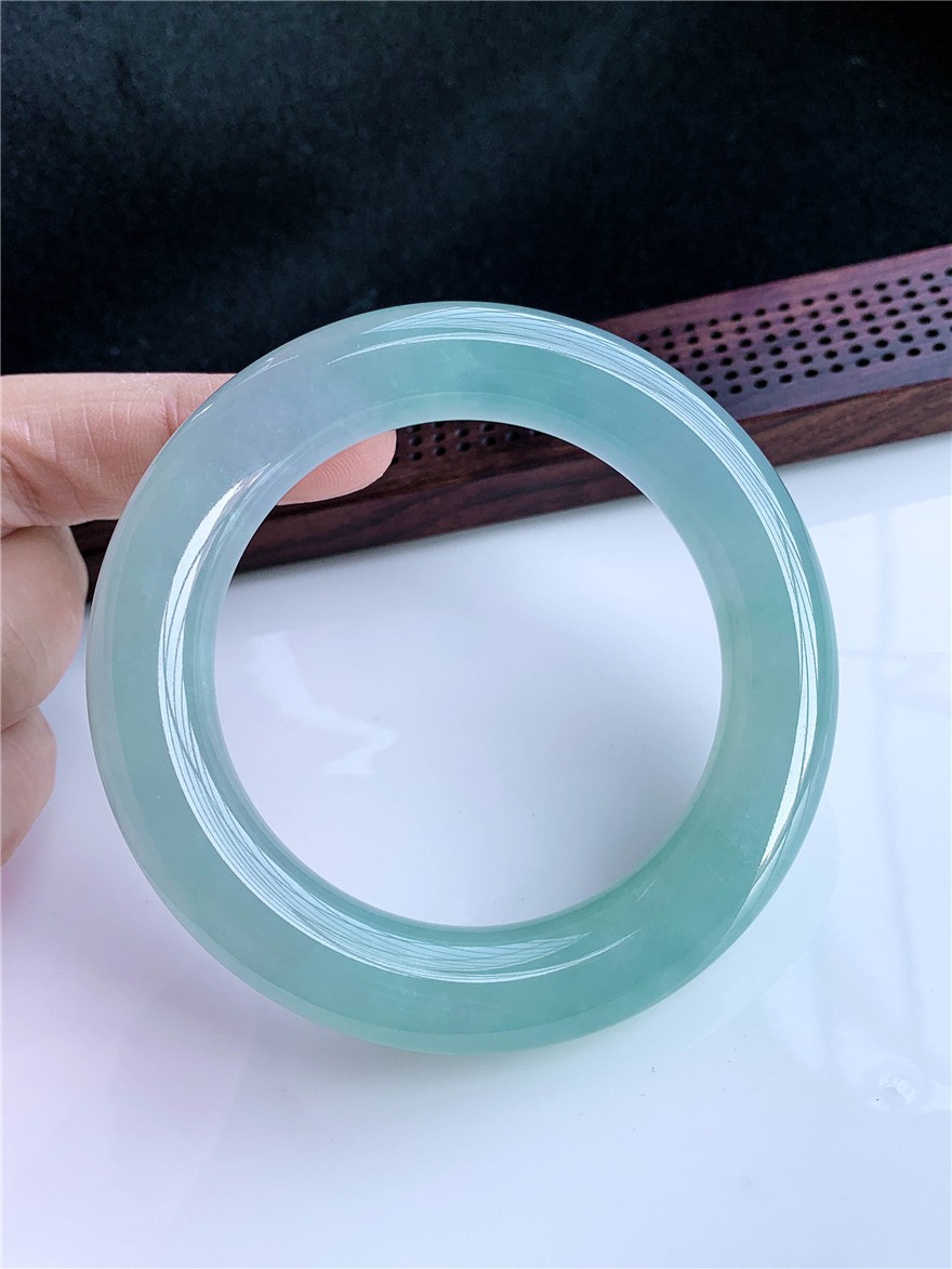 顶妃缅甸老坑高冰透水润冰种圆润玉镯子晴水飘花缅甸圆条翡翠手镯63mm