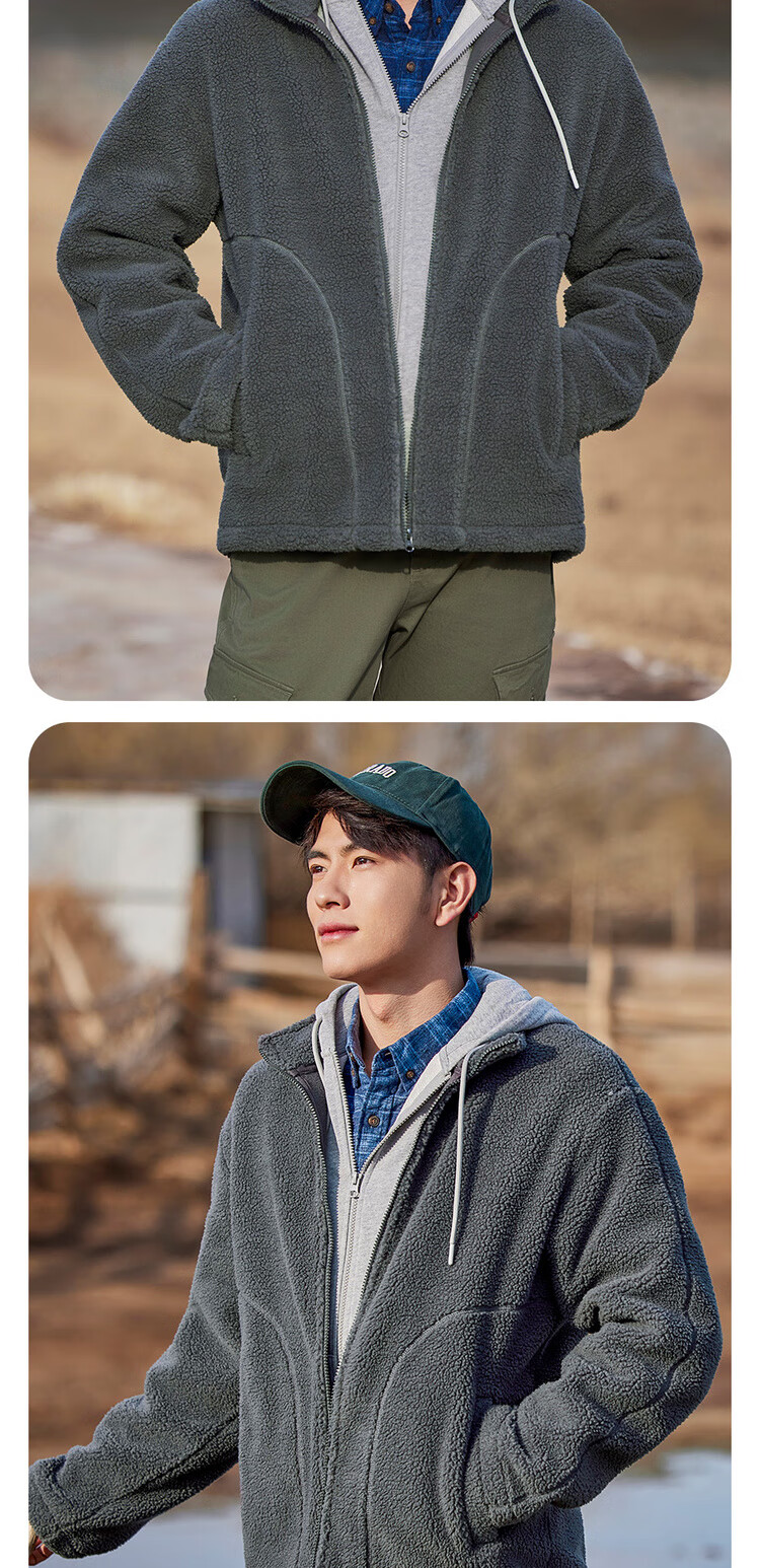 Giordano Fleece Jacket for Men, Faux Sherpa Warm Coat, Quilted Pocket, Stand Collar, Zipper Jacket for Men 01074857 10