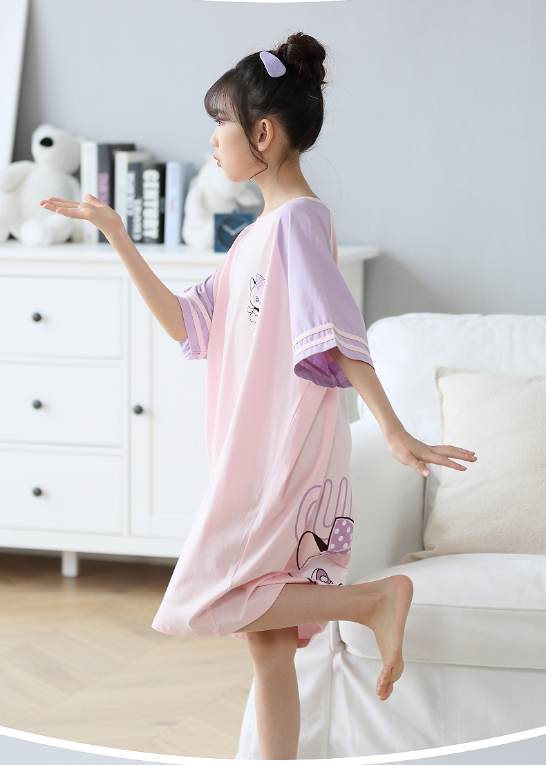 噜噜牛女童睡裙儿童夏季纯棉短袖中大童亲子家居裙女孩公主睡衣薄