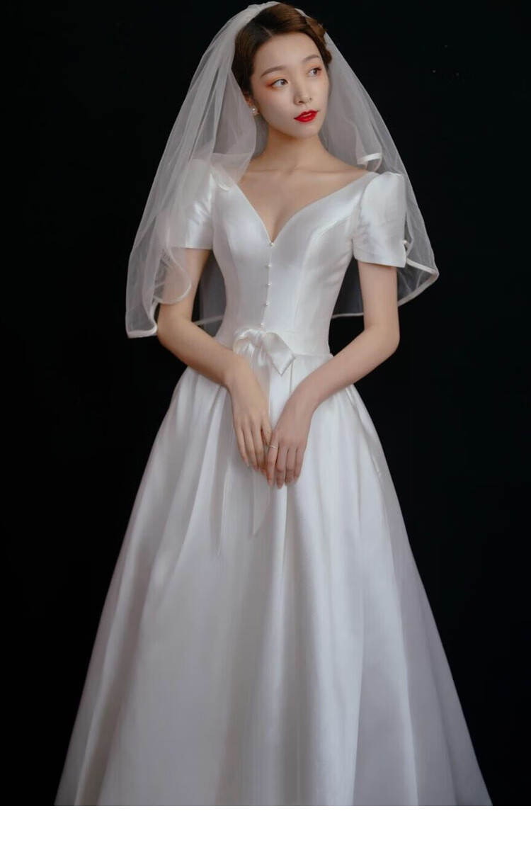 阿亨敬酒迎宾森系拍照小个子轻婚纱缎面轻婚纱复古法式中长款白色显瘦