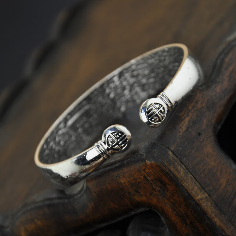 经典款复古雕刻双鱼莲花圆头开口苗泰银手镯民族风开运男女款银饰