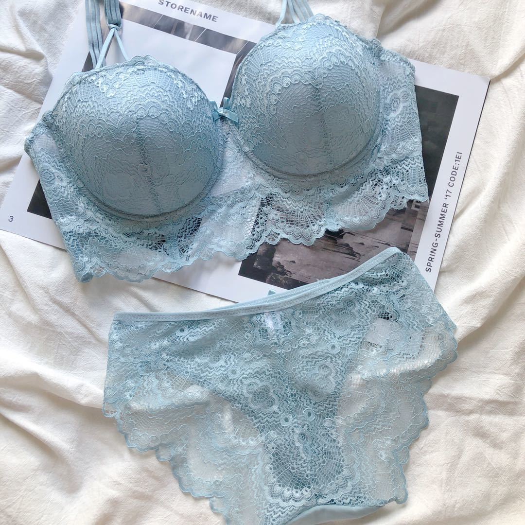 可爱少女聚拢性感蕾丝内衣提胸防下垂迷人半杯大码胖mm文胸套装 湖水