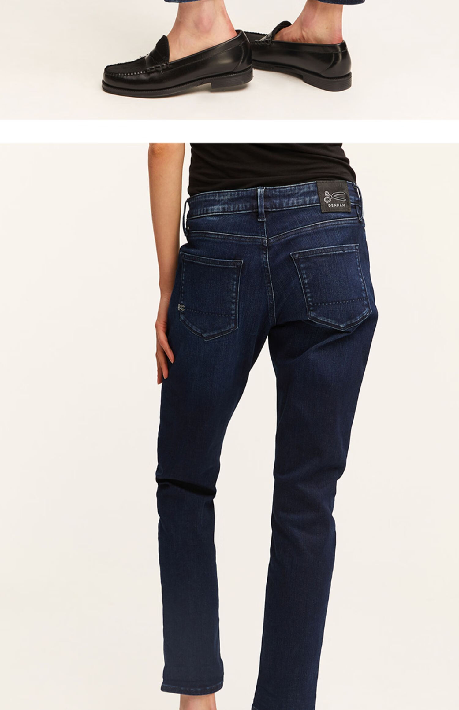 denham2021早秋新款女士复古水洗休闲直筒小脚裤微弹蓝色牛仔裤 蓝色