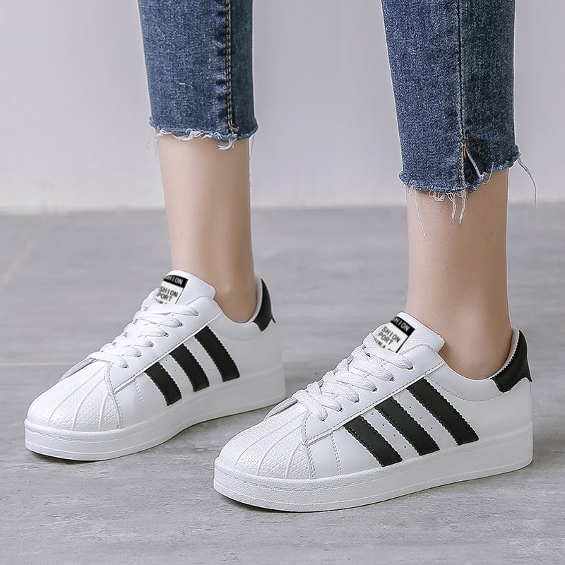 贝壳头鞋女小白鞋女春季韩版厚底百搭学生平底板鞋ins帆布鞋白色36