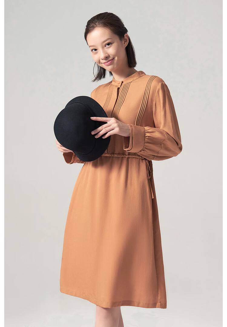 布景连衣裙女秋季新品简约纯色可收腰立领垂坠感长袖高腰裙 赤橘色 s