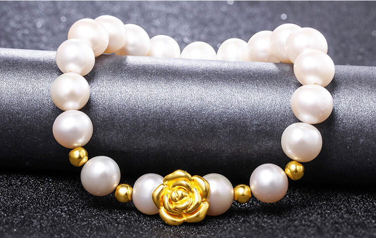 miflame时尚玫瑰花黄金手链女士款足金白色珍珠手串3d硬金礼物 玫瑰花