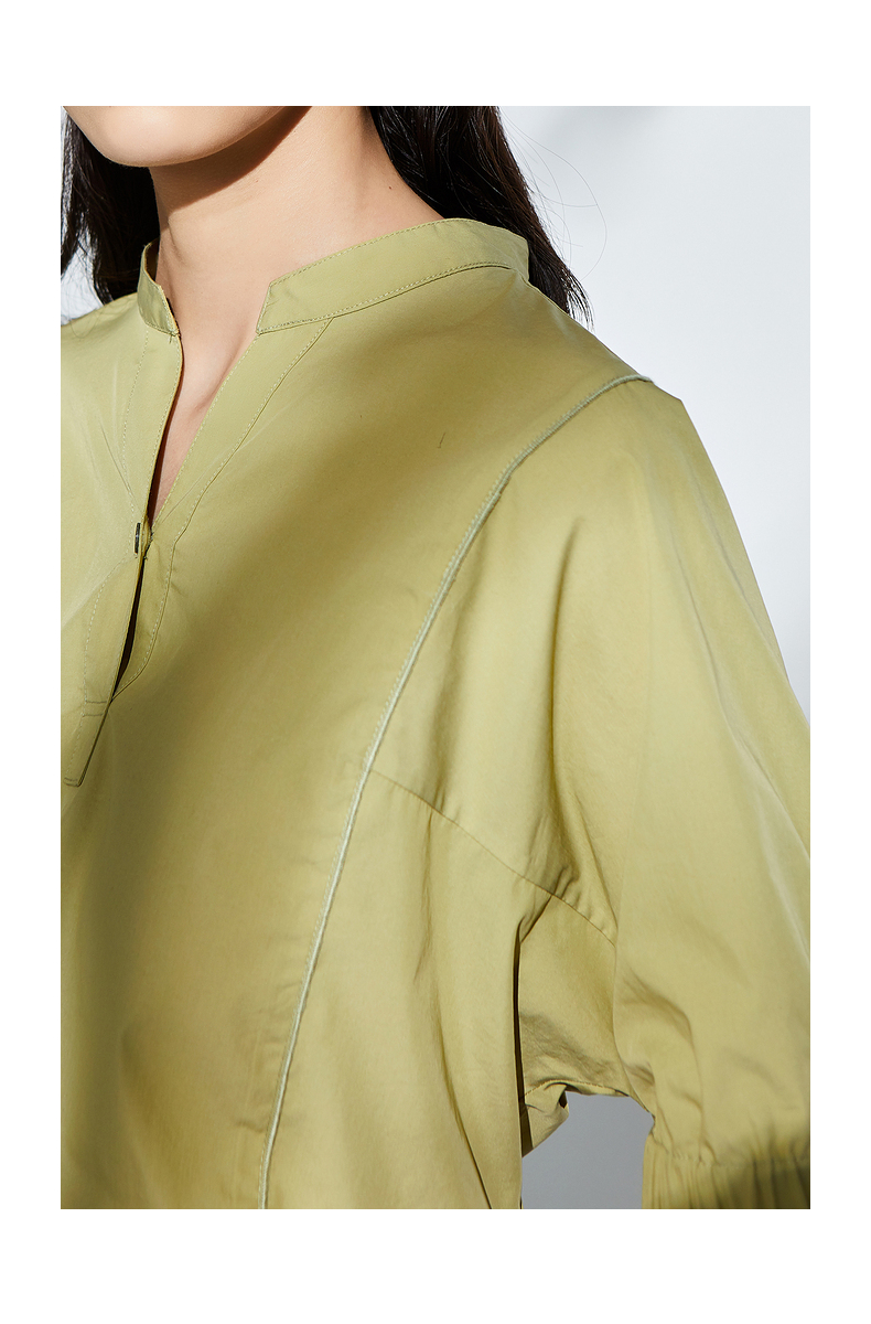 ott原创轻奢女装夏新品浅豆绿色小立领半开襟宽松箱型上衣女纯色浅豆