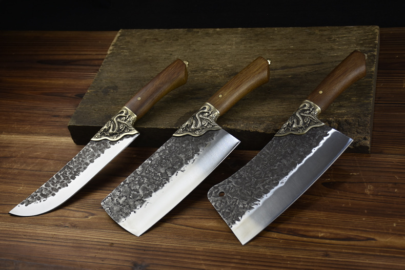 龙泉手工锻打菜刀老式复古刀具套装锋利切片刀屠宰分割小厨刀家用斩切