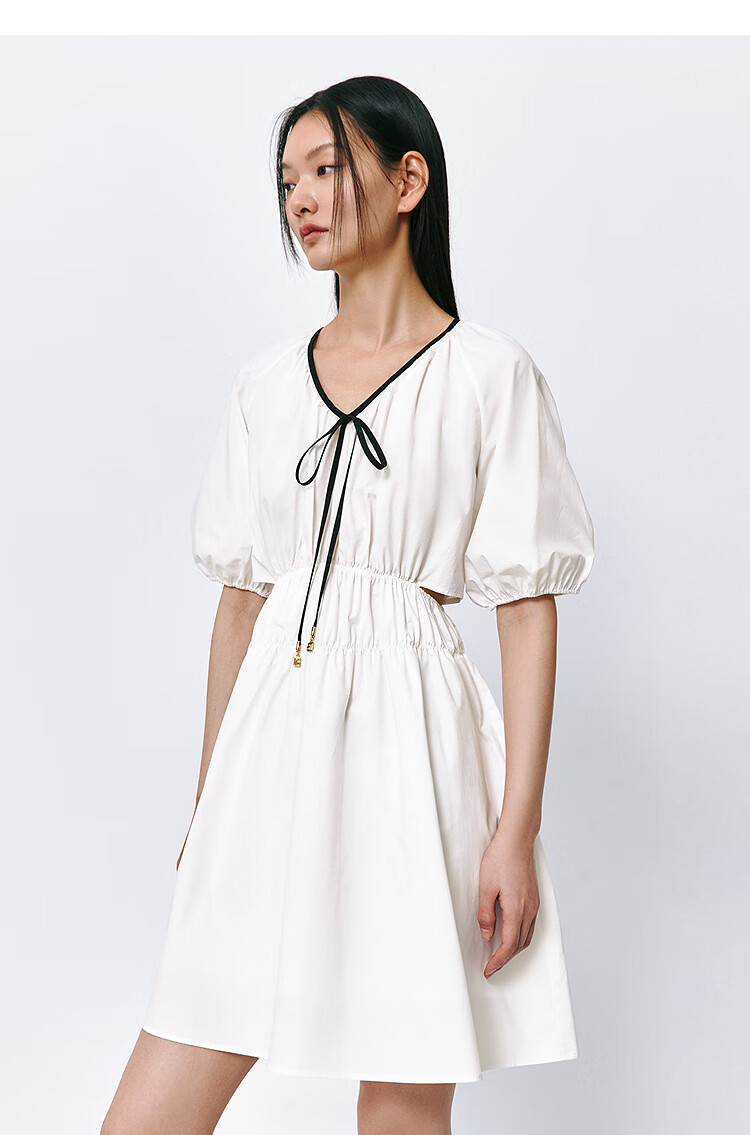 Peacebird Women's Premium Commuter Summer V-Neck Long Dress Small Brand Hollow Out Color-Block Simple Commuter White Long M 24