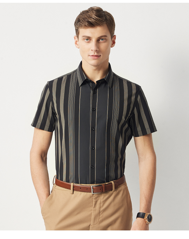 杉杉firs短袖衬衫男士夏季竖条纹薄款弹力抗皱衬衣男装商务休闲上衣