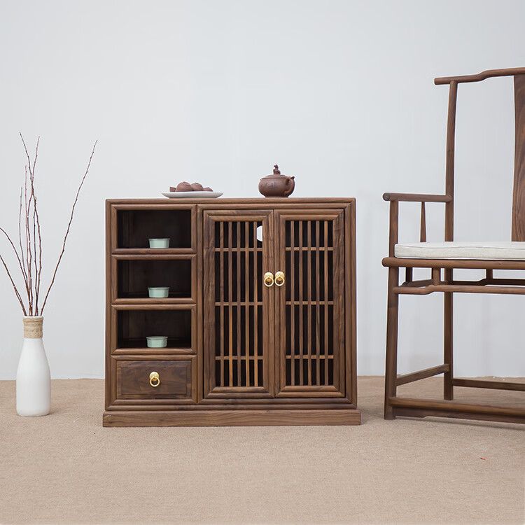 淘渊居-新中式实木茶水柜黑胡桃木餐边柜水桶柜矮柜边柜榫卯禅意储柜