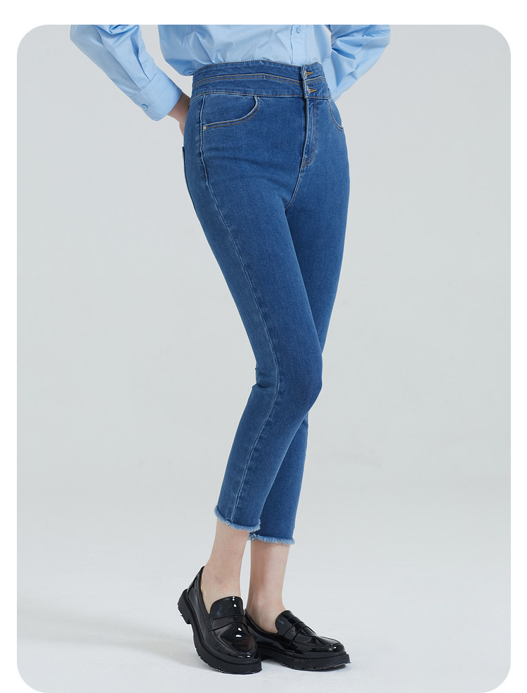 eland衣恋2021新款时尚休闲高腰时髦显瘦紧身小脚牛仔裤女士 牛仔色