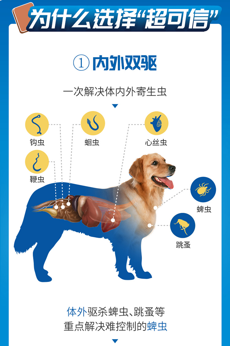 2，超可信敺蟲葯躰內外同敺比熊泰迪金毛大型犬小型犬狗狗跳蚤蜱蟲蟎蟲蛔蟲葯 30-60kg犬XL號丨整盒3片