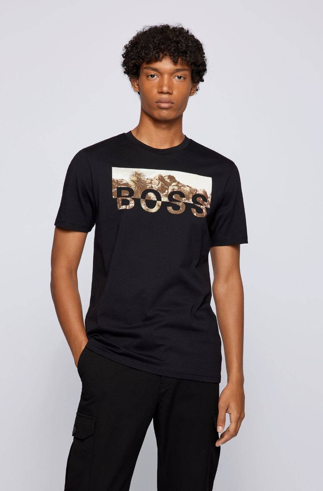 hugoboss雨果博斯男士棕榈泉照片徽标图案棉质圆领短袖t恤z黑色002s