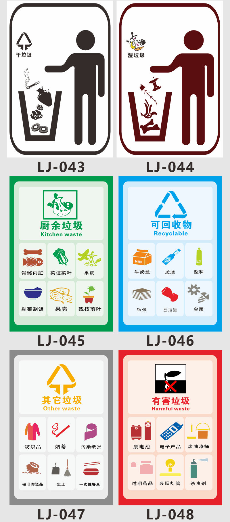 垃圾分類標識貼紙標籤牆貼廣州深圳北京上海版乾溼餐廚有害可回收其他