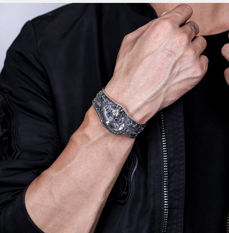 夸张灵猫手镯男霸气宽厚个性男士银开口手环复古潮s925银 直径66mm