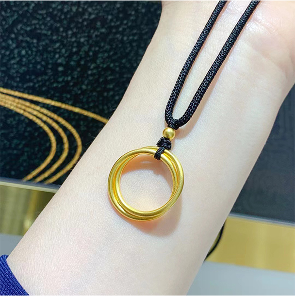 妙灵阁 双环平安扣挂绳黄金吊坠情侣款一对999足金圆环挂坠实心黑绳