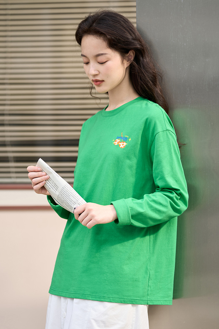 茵曼2022秋女装 新款 18236227 青绿色 t恤上衣 休闲樱桃印花植绒圆领
