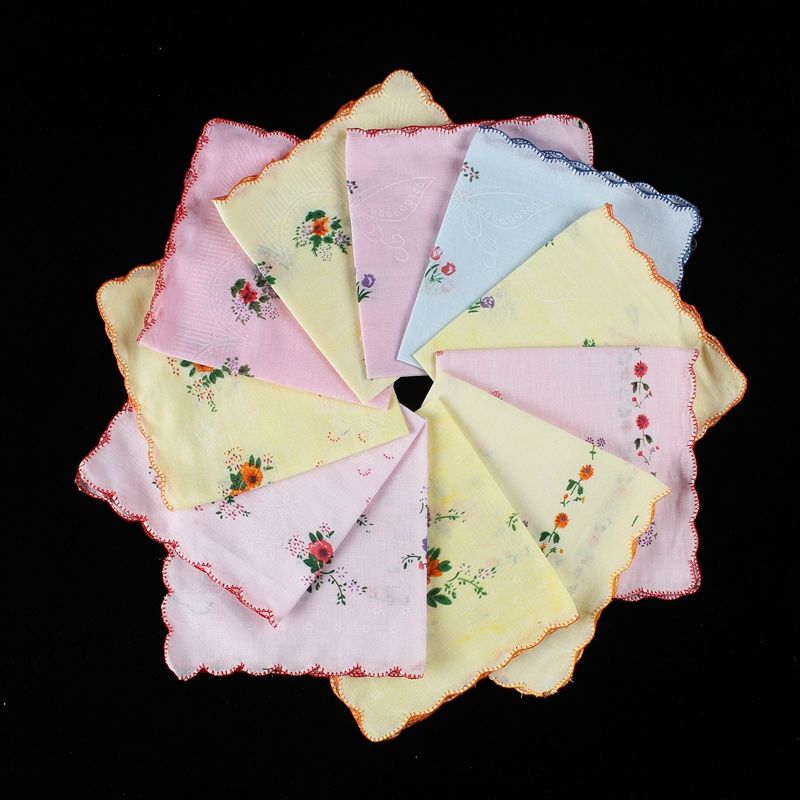 老式手绢经典方巾月牙边手帕吸汗手帕手帕花边月牙12条色底色边12条