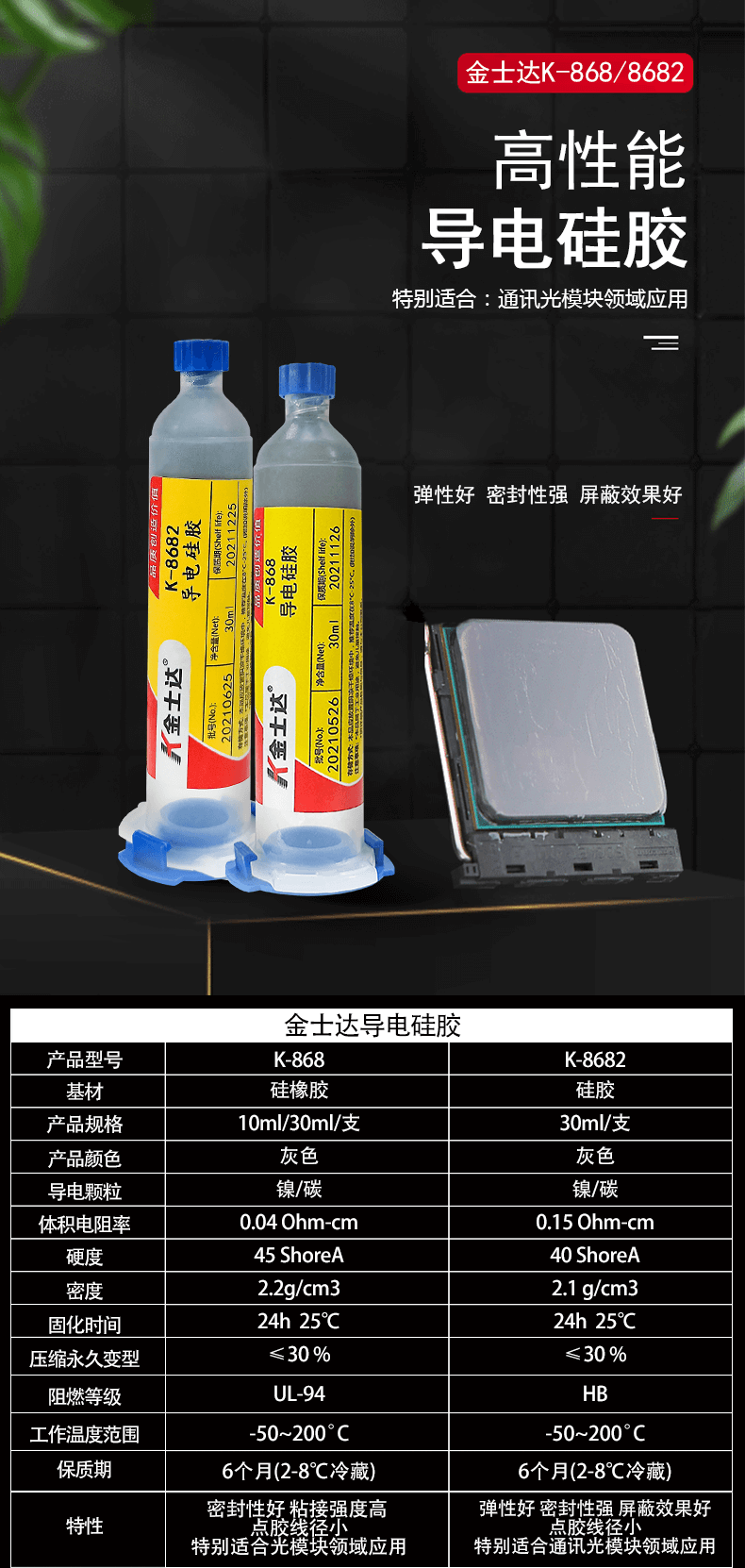 金士达胶水金士达k8688682导电胶高导电性能光模块设备密封镍碳导电