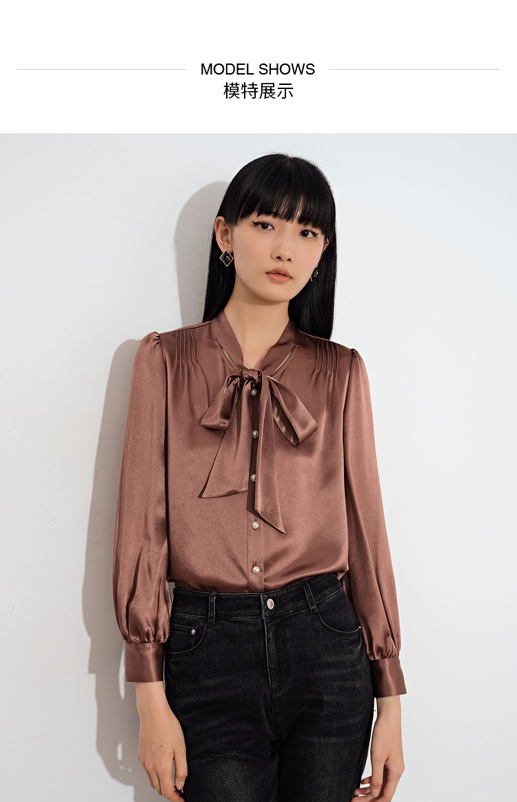 psalter诗篇影儿女装2021秋季新款时尚缎面光泽感飘带领醋酸女衬衫
