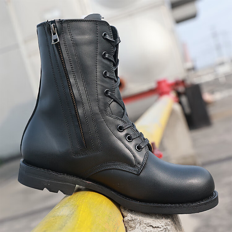 冬季羊毛飞行靴真皮拉链飞行员棉皮靴加绒保暖高帮毛皮鞋骑士靴男