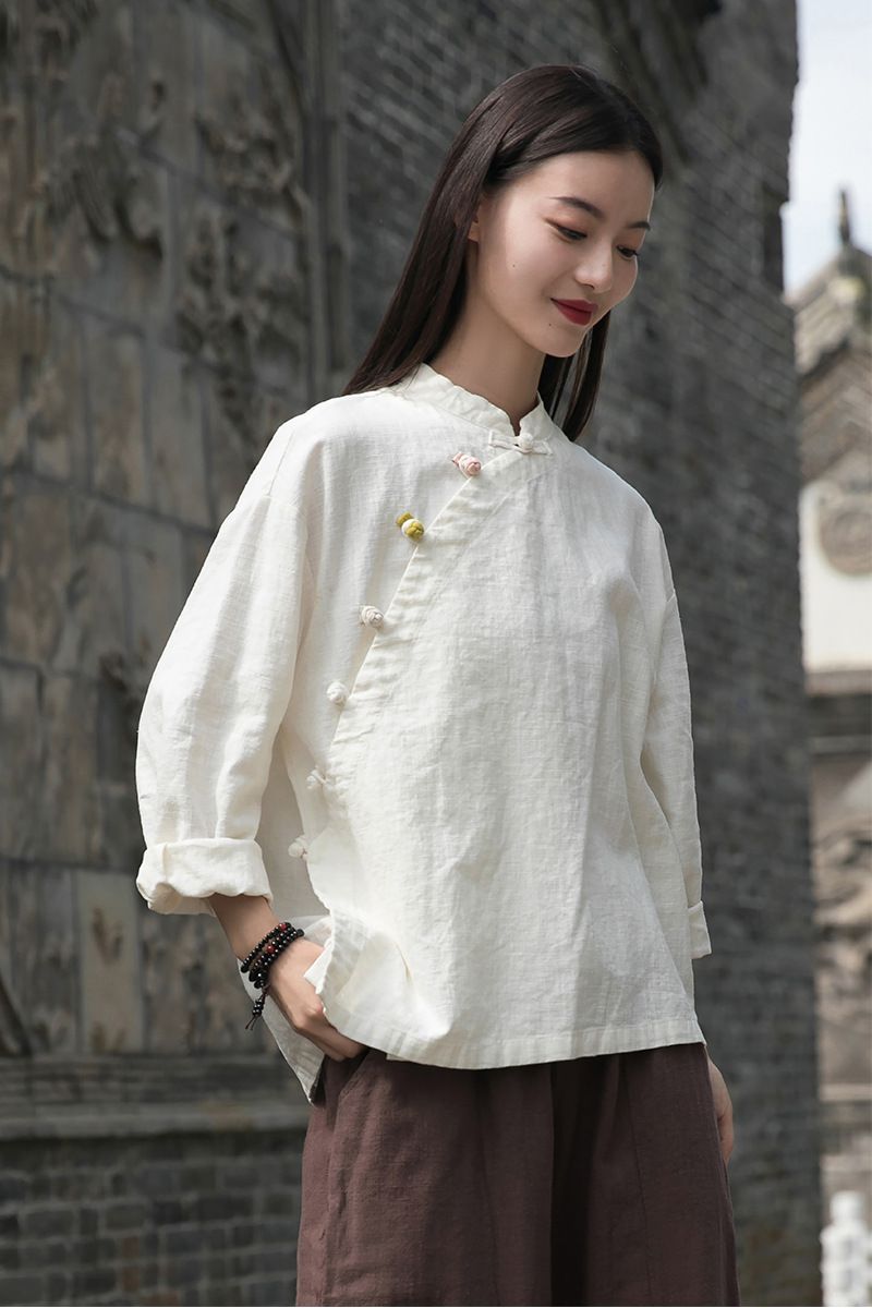 风佛系盘扣宽松棉麻禅意民族风女式唐装茶服上衣亚麻复古衬衫白色s