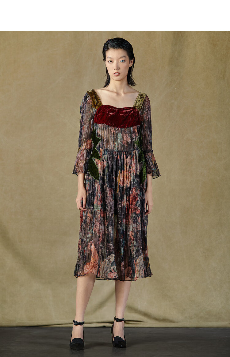 donoratico达衣岩2021年新款夏复古优雅方领压绉中长袖连衣裙米勒棕l