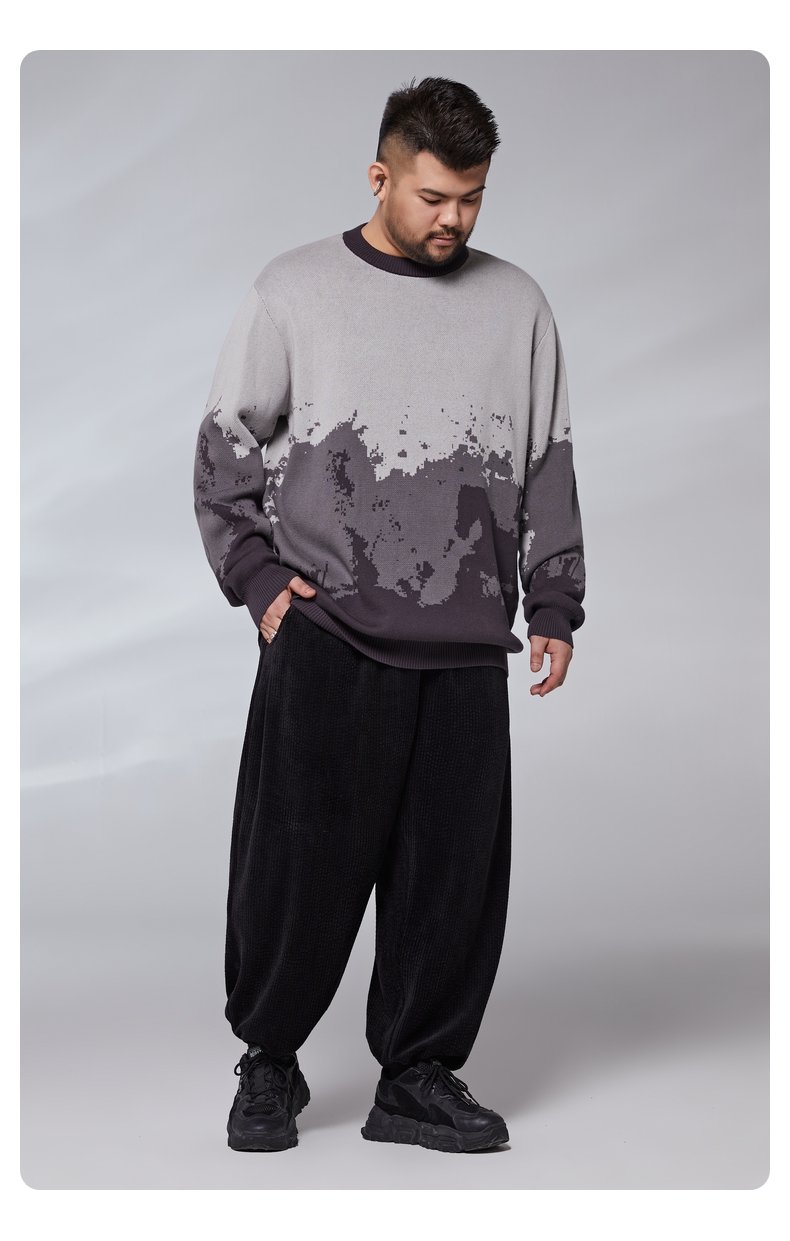 半墨大码男装圆领毛衣男宽松加肥加大水墨提花显瘦肥佬针织毛线衫21q9