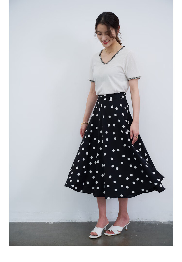 初棉 塞纳河畔 法式大波点半身裙女中长款 高腰雪纺a字裙围裹裙 黑底