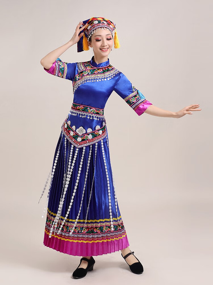 羌族女士表演服2022少数民族舞蹈服装刺绣舞台合唱歌舞演出服 蓝色