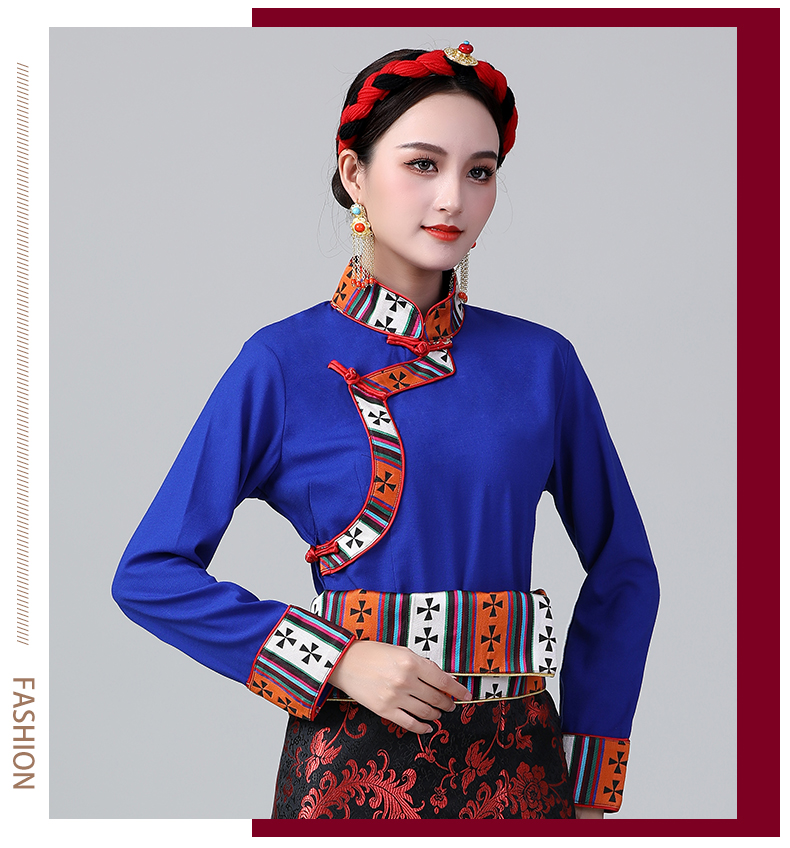 西装女拉萨锅庄旅拍写真棉麻衬衫藏族藏式藏袍上衣衬衣民族风 宝蓝色
