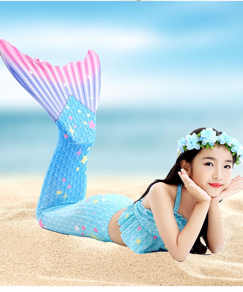 美人鱼服装2022新款女童泳衣人鱼尾巴儿童套装女孩公主裙jn01深蓝三