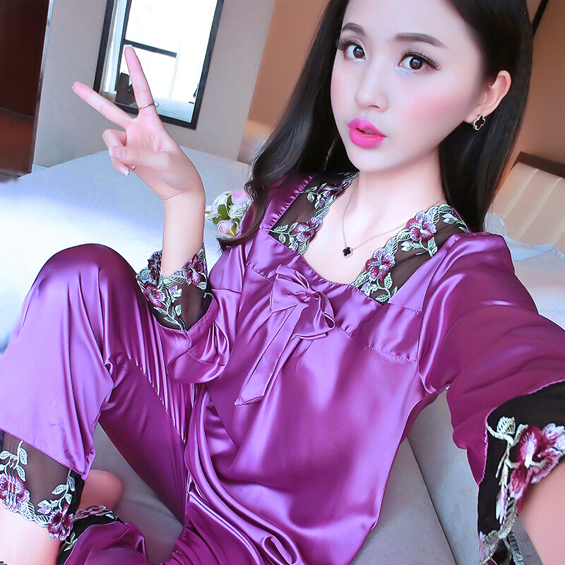 待婉 赢夫人睡衣女春秋长袖两件套装性感丝韩版薄款冰丝家居服冰丝