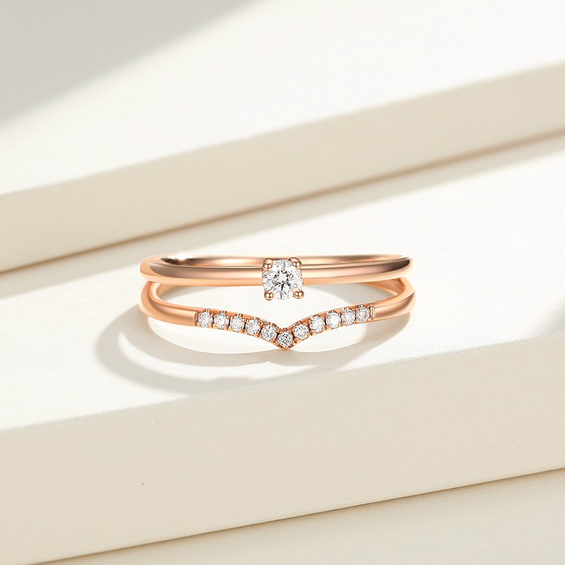 潮宏基依恋18k金钻石戒指女戒排钻彩金戒指女士钻戒au750玫瑰金双层套