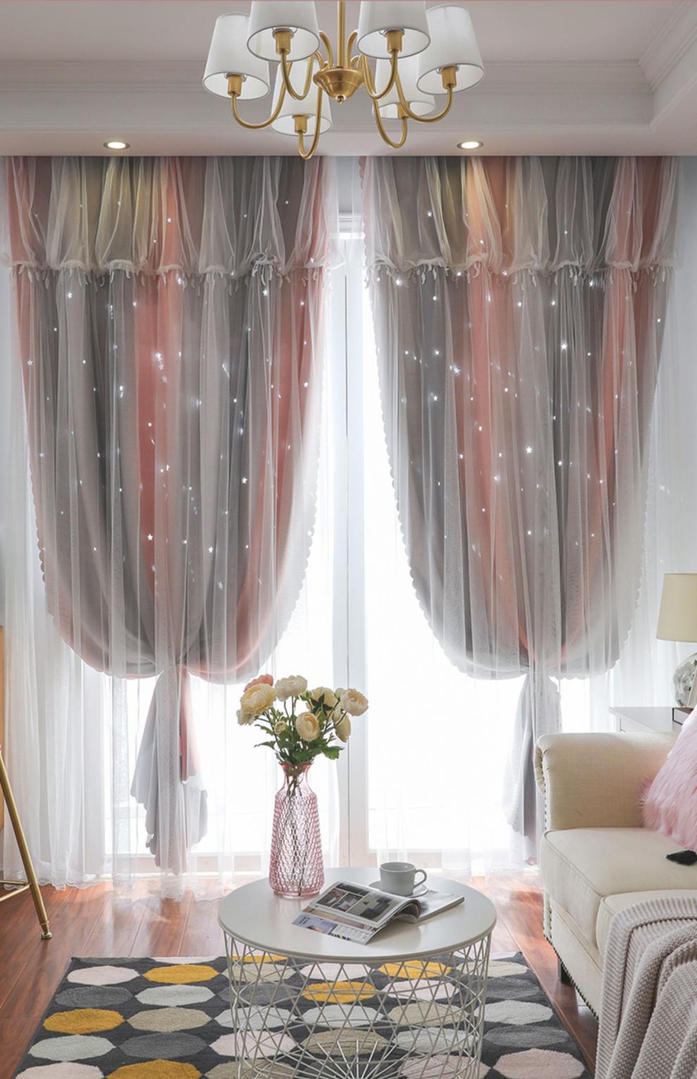 奥牵粉色窗帘网红款公主风卧室遮光布儿童房女孩双层带纱渐变色美容院