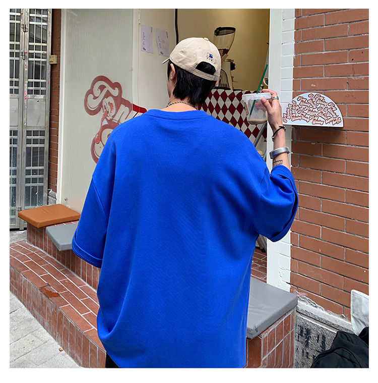 clawmoney欧美街头风t恤宽松cityboy短袖男夏季高街嘻哈正肩体恤 蓝色