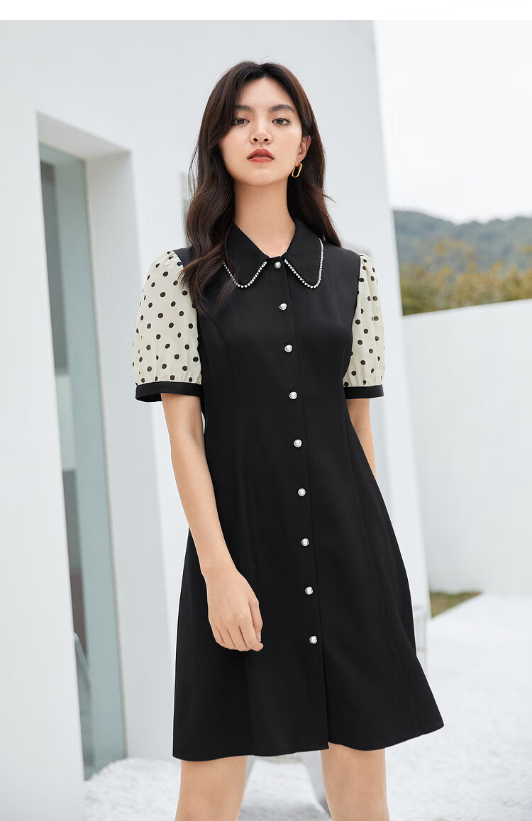 伊芙丽娃娃领a字连衣裙2021年新款波点泡泡袖裙子女夏气质小裙子 黑色