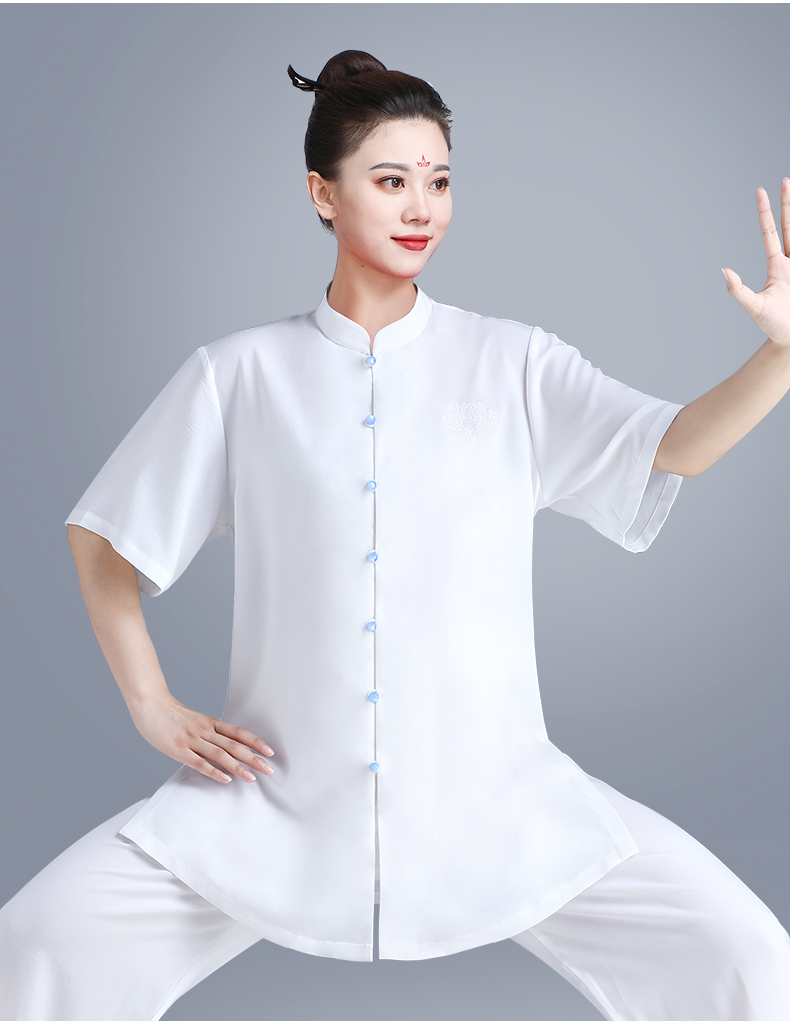 山人运动太极服女夏装短袖武术服装练功服男士中老年太极拳服装天蓝色